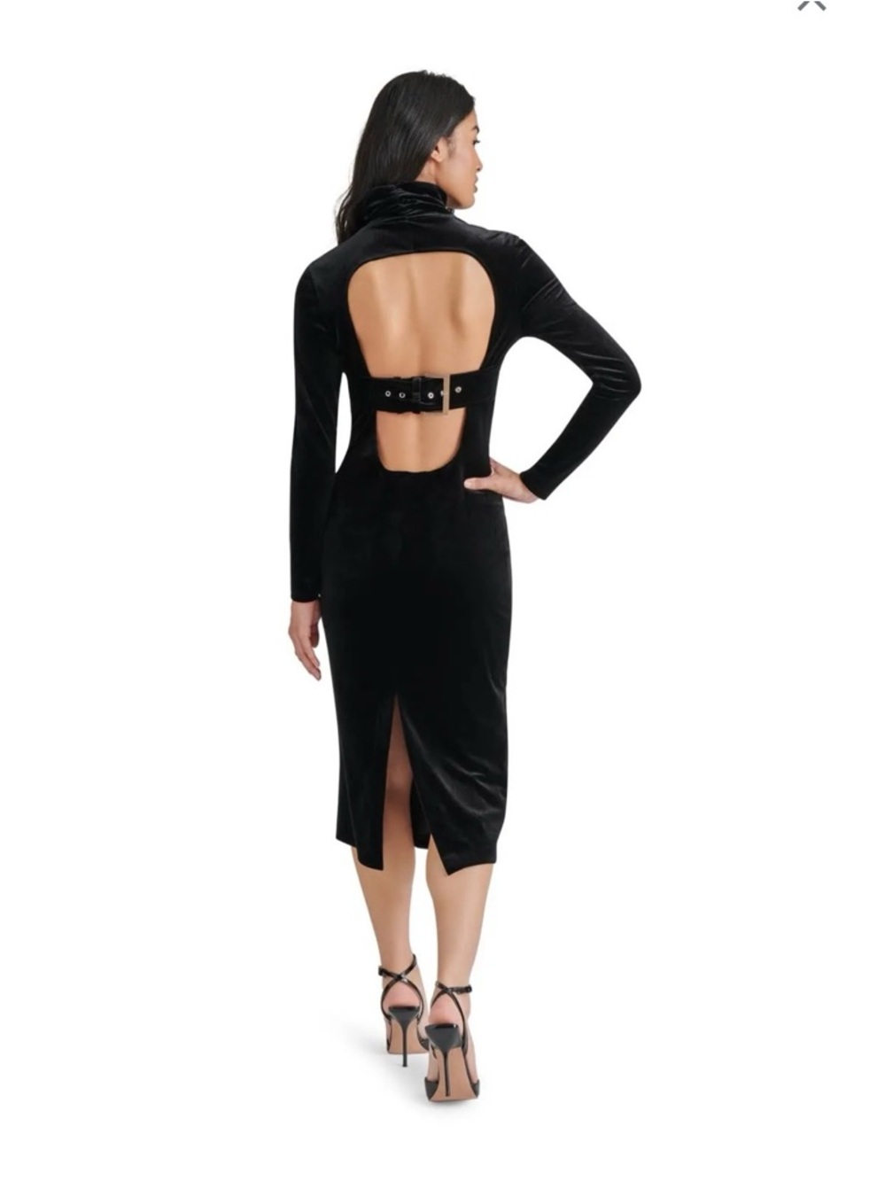 Steve Madden Black Velvet Long-Sleeve Open-Back Midi Dress